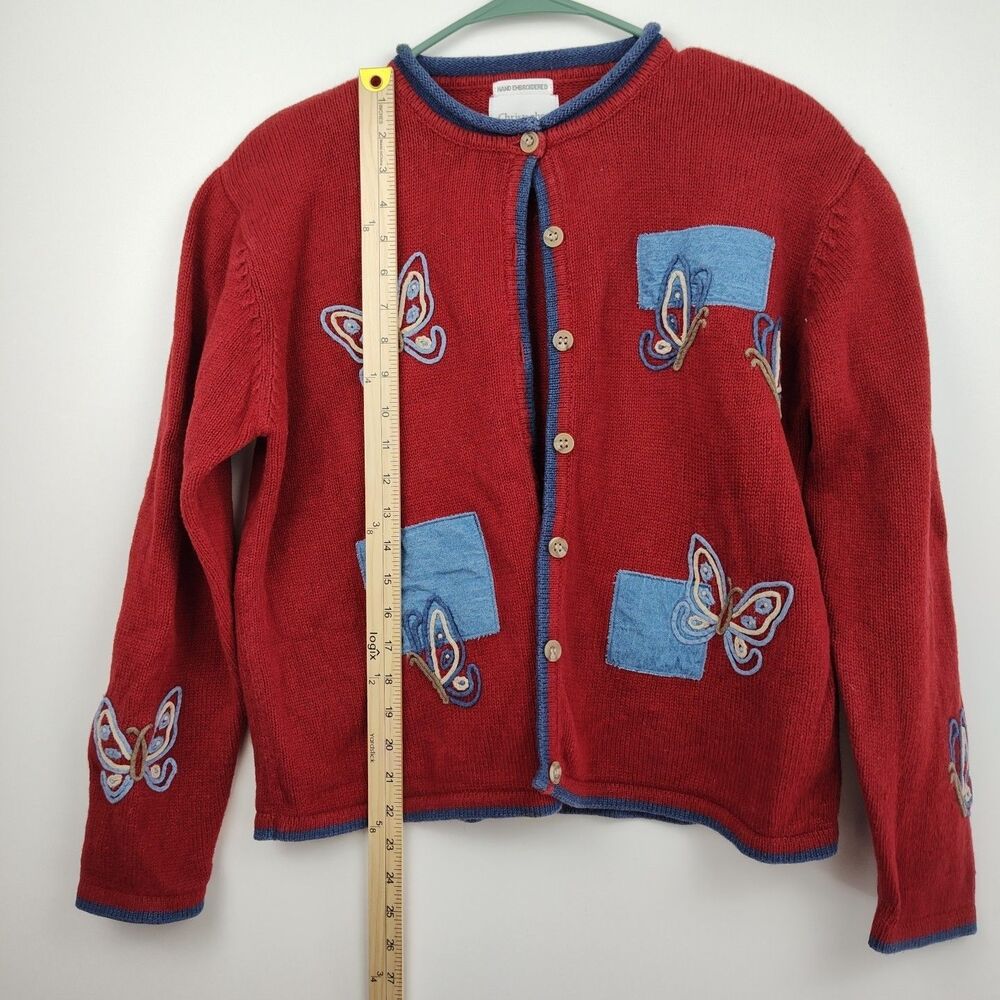 Christopher & Banks Hand Embroidered Cardigan, women's L, dark red, butterflies - Picture 5 of 9